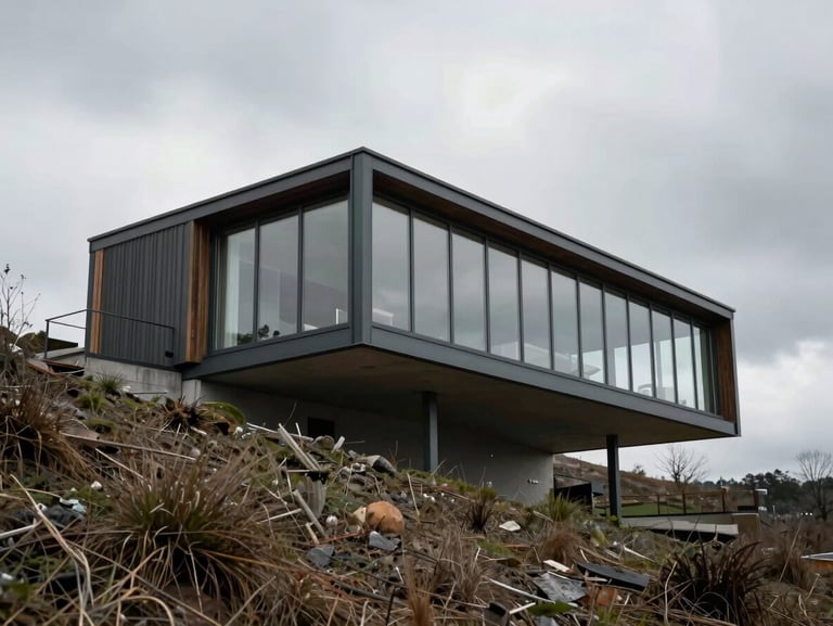 Exterior elevation of a cantilevered steel and glass home integrated into a steep natural grade, overcast sky.
