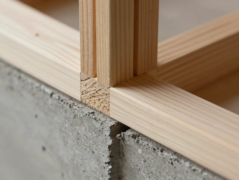 Extreme close-up of structural joinery showing grain-matched wood meeting exposed concrete, soft natural light.