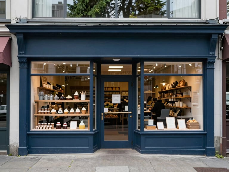 An inviting local bakery storefront in Vancouver, Washington, soft natural daylight, clean modern sidewalk.