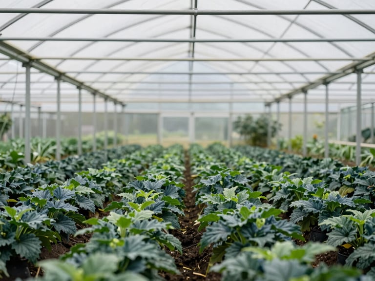 An organic nursery in Yakima, rows of green starts under a large greenhouse frame, soft diffused daylight.