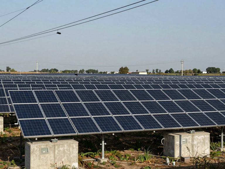Sprawling solar panels stretching to the horizon under natural daylight, concrete substations and power lines framing the shot