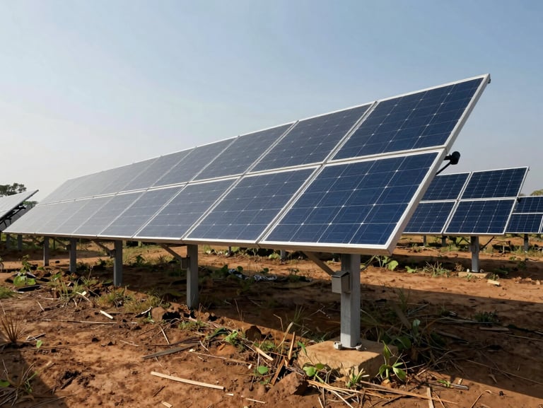 Low-angle environmental shot of utility-scale solar arrays integrated into local topography in Nigeria, bright natural daylight.