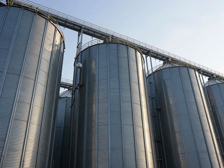 Wide-angle architectural shot of bulk grain silos under bright daylight, golden-hour highlights on metallic surfaces