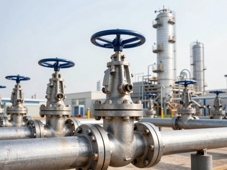 High-contrast macro shot of heavy industrial hydraulic valves and steel pipes in a modern refinery, bright daylight, cool steel tones