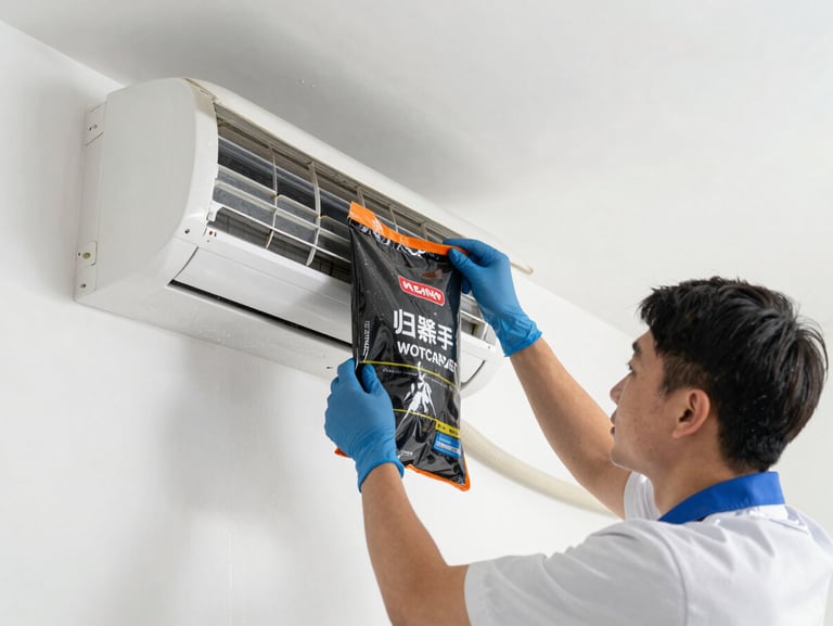 A professional technician wearing protective gear installing a specialized waterproof cleaning bag around a split AC unit on a wall to collect wastewater, clean indoor environment, bright lighting.