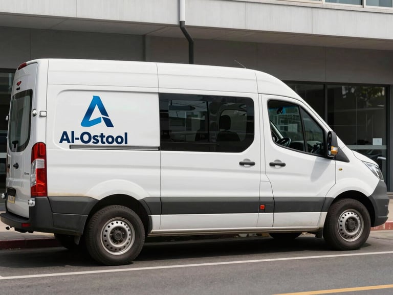 Medium shot of an Al-Ostool branded service van parked on a clean street, daylight, emphasizing readiness and professional logistics.