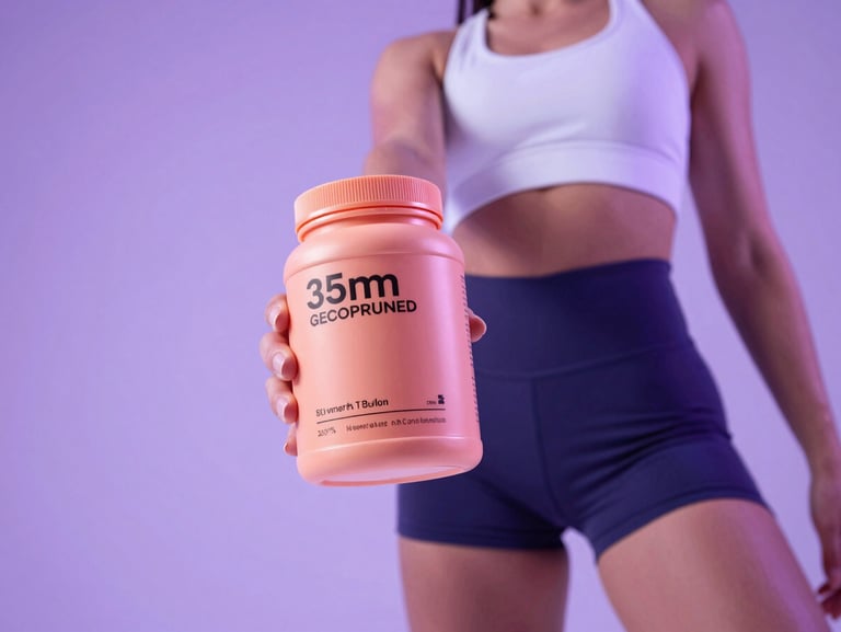 Dynamic low-angle shot of a fitness creator in streetwear in a bright studio with lavender gel lighting, holding a peach-colored supplement tub, 35mm