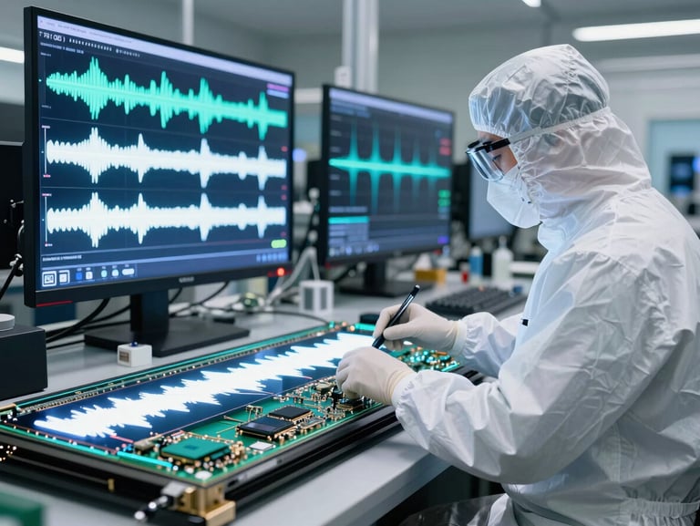 A technician in anti-static gear working on a massive 75-inch OLED television panel in a clean workshop, glowing diagnostic screens displaying waveform patterns in the background, sharp white highlights.