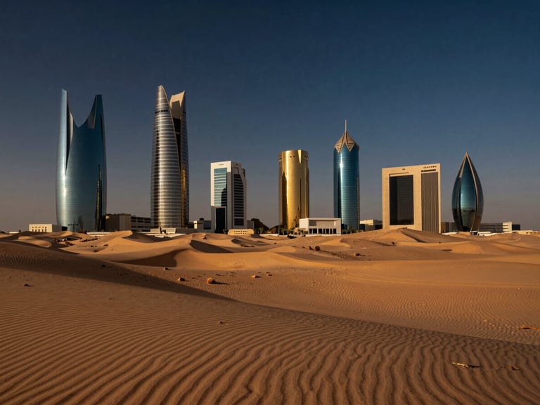 Golden hour over a massive desert development in Riyadh, high-contrast architectural lighting, warm sand and deep navy tones.