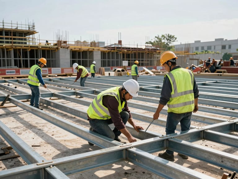 Wide-angle environmental shot of an active construction site, workers in clean branded safety vests and hardhats securing steel framing under hard daylight.