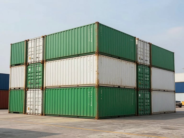 Wide architectural shot of green and white shipping containers stacked at a professional Nigerian port terminal, bright daylight.