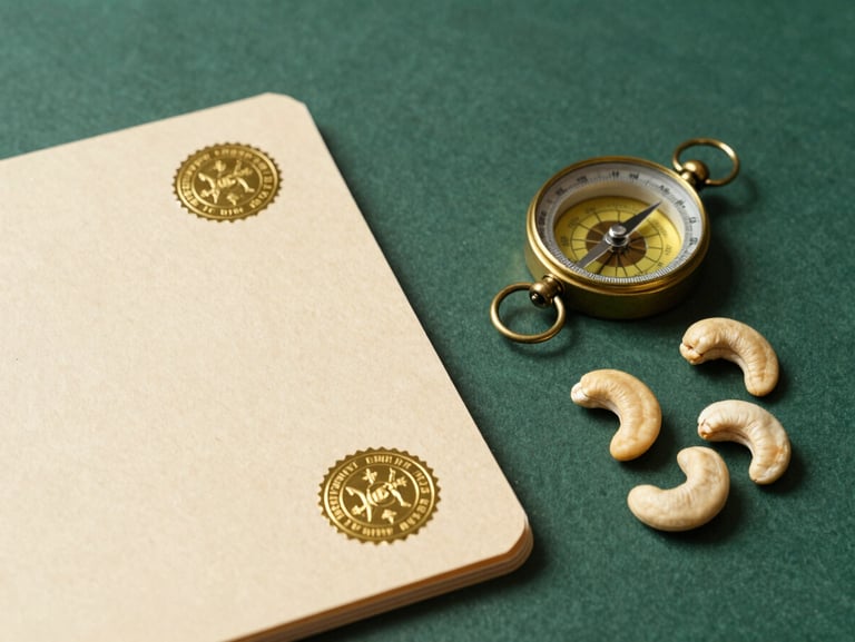 A high-angle photograph of a certified export folder with official gold embossed seals, a brass compass, and raw cashew nuts arranged neatly on a deep forest green surface.