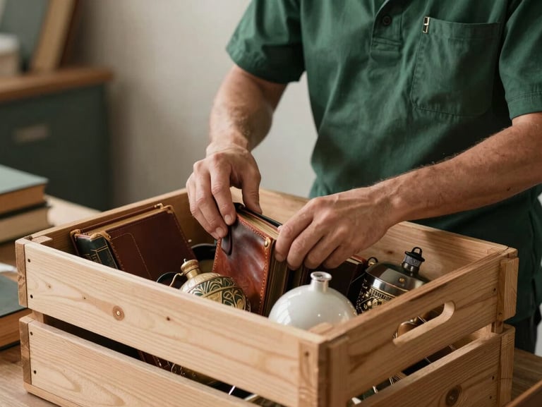 Medium shot of careful hands in clean, dark green uniform packing vintage leather-bound books and classic ornaments into a sturdy wooden crate, soft natural side lighting.