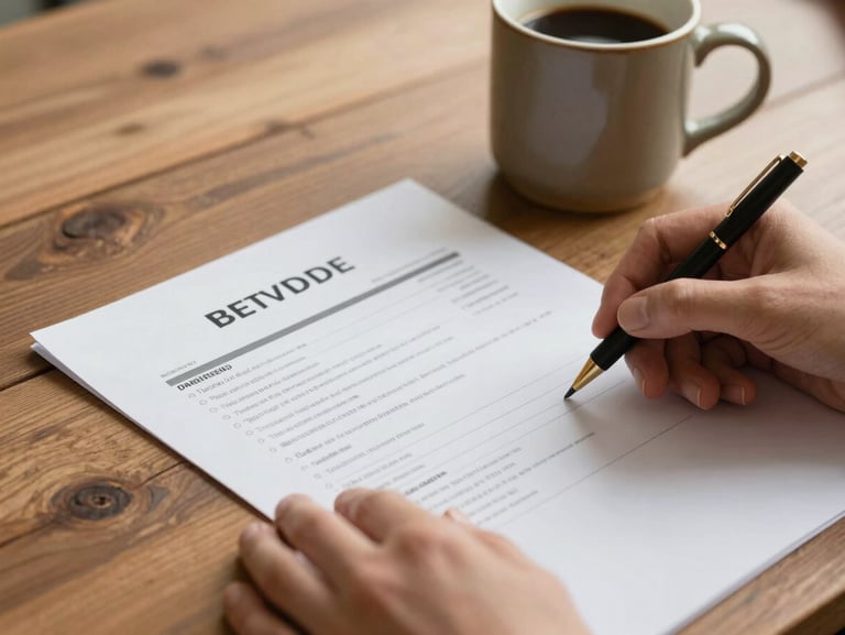 Close-up of hands reviewing a printed candidate dossier on a rustic oak table, soft side lighting, a warm ceramic coffee mug in the background.