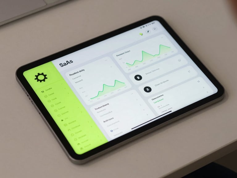 Overhead close shot of a modern tablet displaying a clean SaaS dashboard with resident daily activity cards and a neon-green accent palette, resting on a light clinical surface under diffuse soft light