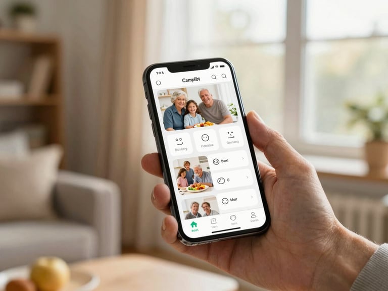 Held-in-hand medium shot of a smartphone showing an elder-care family app feed with daily photos, mood icon and meal status on screen, photographed in warm afternoon window light with a soft blurred interior background