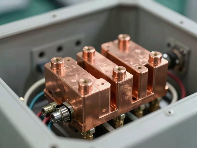 Macro photograph of heavy-duty copper terminal blocks inside an industrial wind controller enclosure, bright factory lighting, clean wiring layout