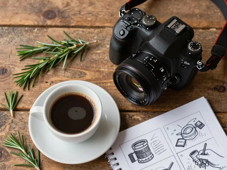 Tactile overhead shot of a rustic wooden prep table, a professional DSLR camera resting next to a fresh cup of espresso, scattered rosemary sprigs, and a hand-drawn storyboard.