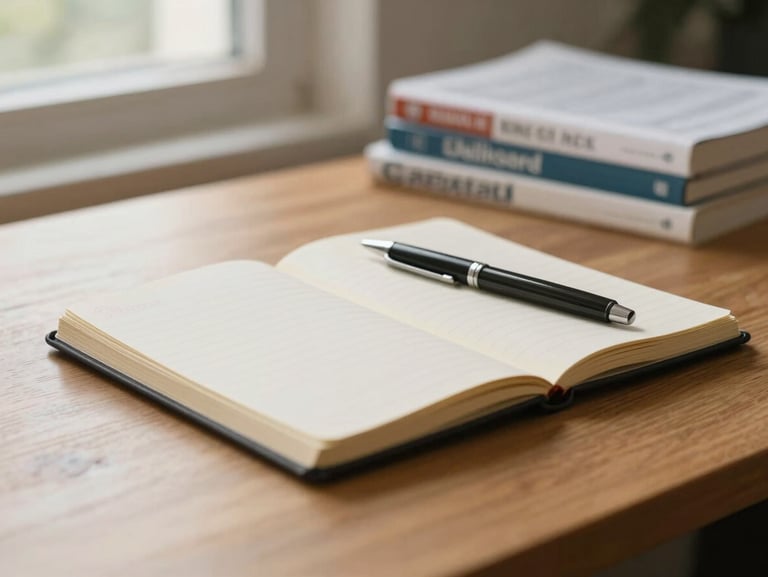 Close view of a wooden desk surface with a closed notebook, a pen resting beside it, and a small stack of clinical books out of focus in the background, warm natural window light from the left, calm and unhurried