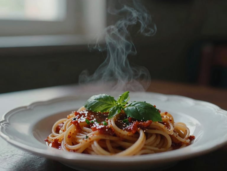 Close-up of steam rising from a freshly plated pasta dish, dark moody background, soft Scandinavian daylight, 35mm film