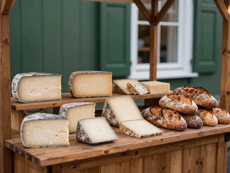 A rustic wooden market stall filled with artisanal cheeses and fresh sourdough bread, warm soft evening light, Scandinavian aesthetic.