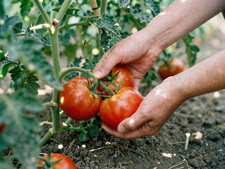 Hands harvesting heirloom tomatoes in a sunlit field, rich soil, soft natural overcast daylight, 35mm