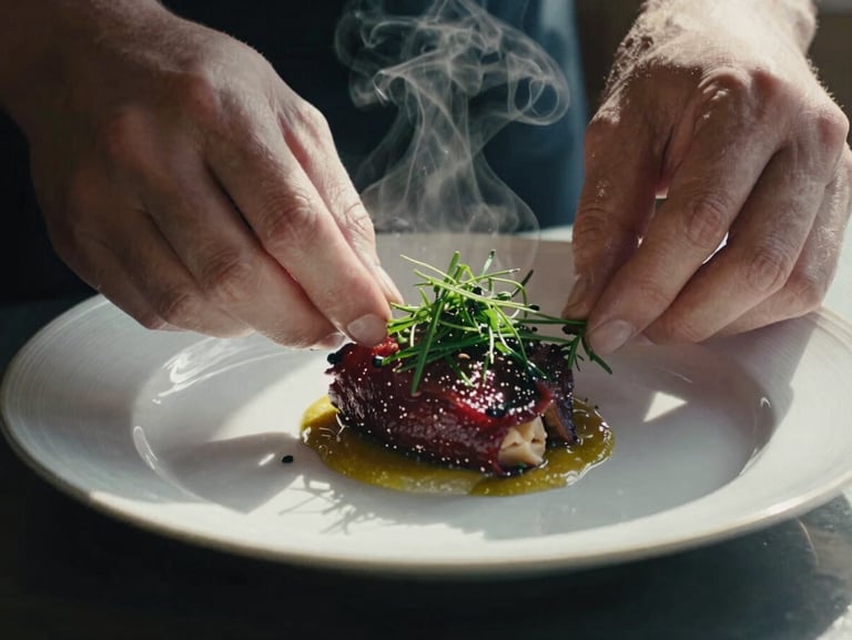 Close-up of a plated artisanal dish, steam rising, hands of a chef garnishing with herbs, soft Scandinavian daylight, moody shadows, 35mm