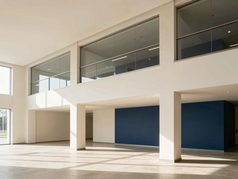 Architectural photograph of a modern commercial office interior with crisp, professional paint finishes, bright natural light, 35mm lens.
