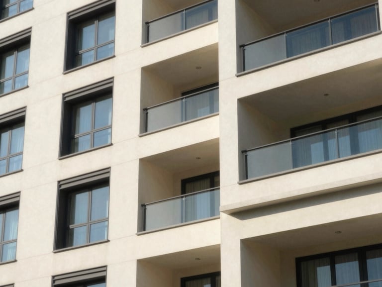 Architectural photograph of a modern apartment building exterior with clean architectural lines and pristine paint finishes, natural daylight, 35mm lens.