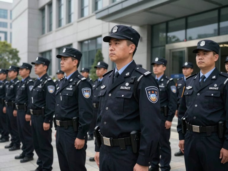 Structured, professional security personnel in uniform standing in formation outside a corporate headquarters building.