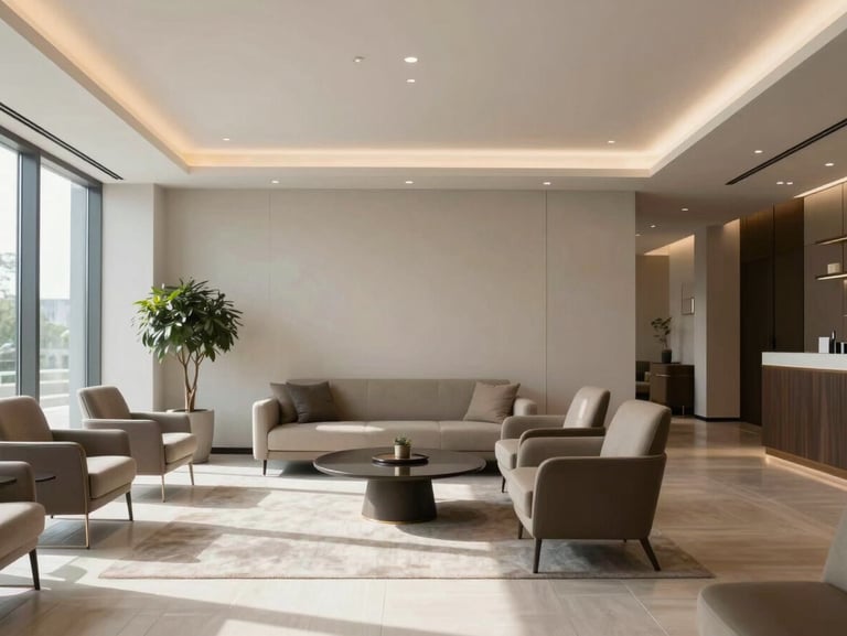 Interior view of a luxury corporate lounge showing clean minimalist design and sharp natural lighting.