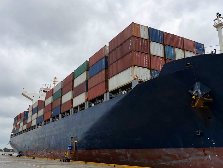 Low-angle dramatic shot of a massive container ship docked at a Nigerian industrial port under overcast skies, emphasizing scale