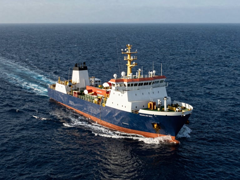 Wide-angle environmental view of an offshore support vessel navigating deep ocean waters under high-contrast natural light.
