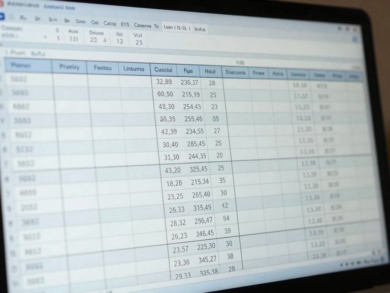 Close-up of a structured actuarial spreadsheet on a screen, showing column projections, probability calculations, clean geometric lines, professional corporate lighting