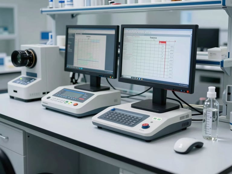 A clean, modern laboratory workbench with calibration equipment and digital monitors displaying occupational dose charts.