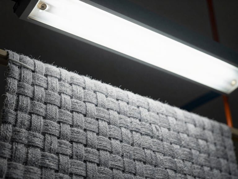 Close-up of woven gray textile threads under high-contrast industrial light.