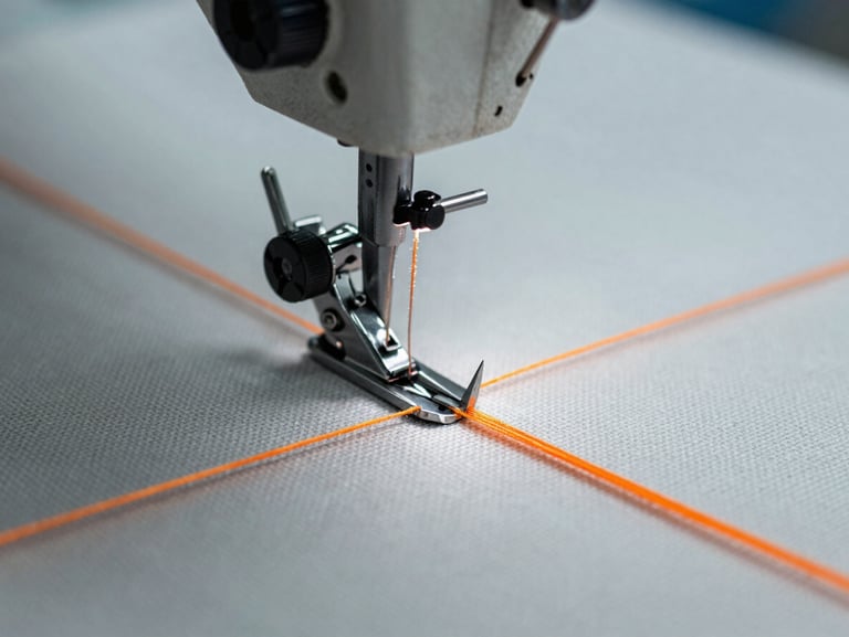 Macro close-up of industrial sewing machine needle piercing thick canvas fabric, safety orange thread, sharp focus.