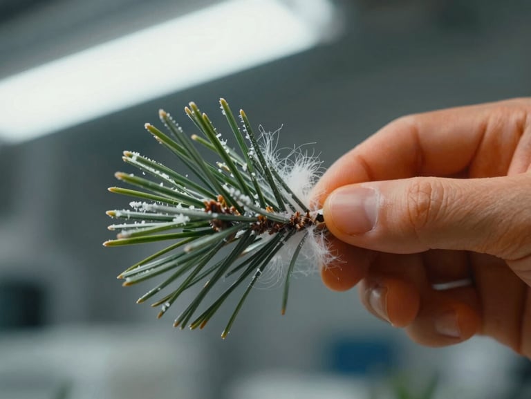 Macro shot of artificial pine needles and flocking material being bonded under cool factory light.