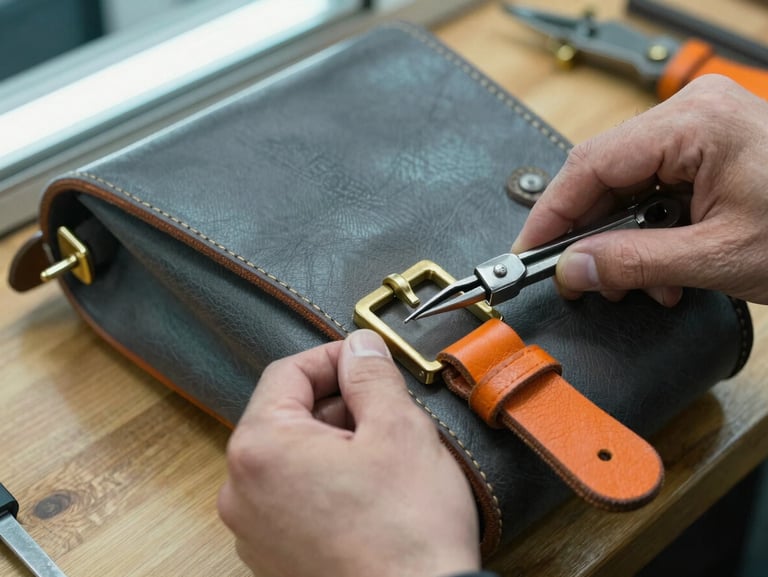 Close-up of hands with metal tools aligning brass buckles on a heavy leather bag on a wooden workbench.