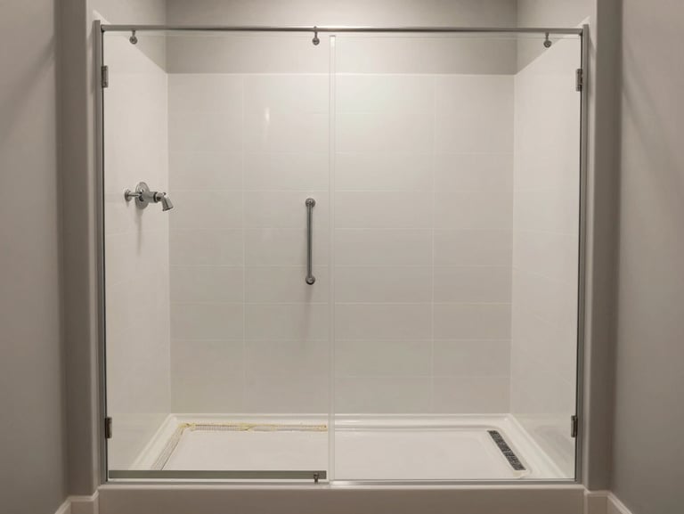Medium shot of a fully restored walk-in shower — clean grout lines, fresh caulk at the base, consistent overhead light showing the complete after state in a real Florida bathroom