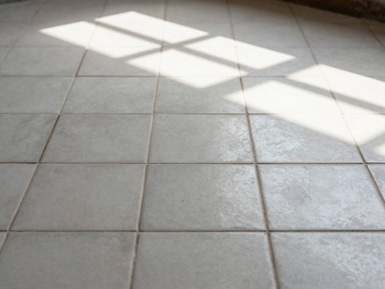 Medium shot of a restored porcelain floor tile expanse — grout lines clean and consistent, tile surface free of haze, natural window light raking across the surface to show even texture