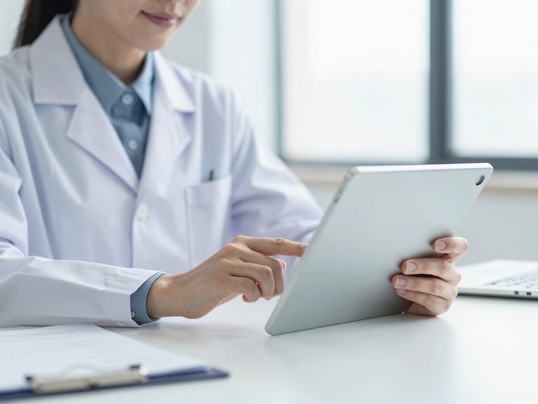 Medium close-up of a professional clinical consultant working on a digital tablet in a bright office, clean professional photography, bright natural daylight, soft cool tones, minimalist workspace, sharp focus, 35mm lens