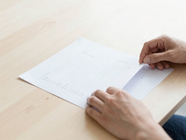 Close-up of hands organizing structured document layouts on a minimalist wooden desk, clean professional photography, bright natural daylight, soft cool tones, minimalist workspace, sharp focus, 35mm lens