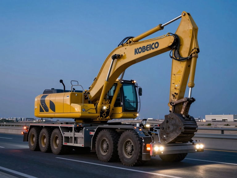 A heavy transport low-bed trailer carrying a massive Kobelco excavator, shot at dusk with active headlights on a modern UAE highway, deep blue sky.