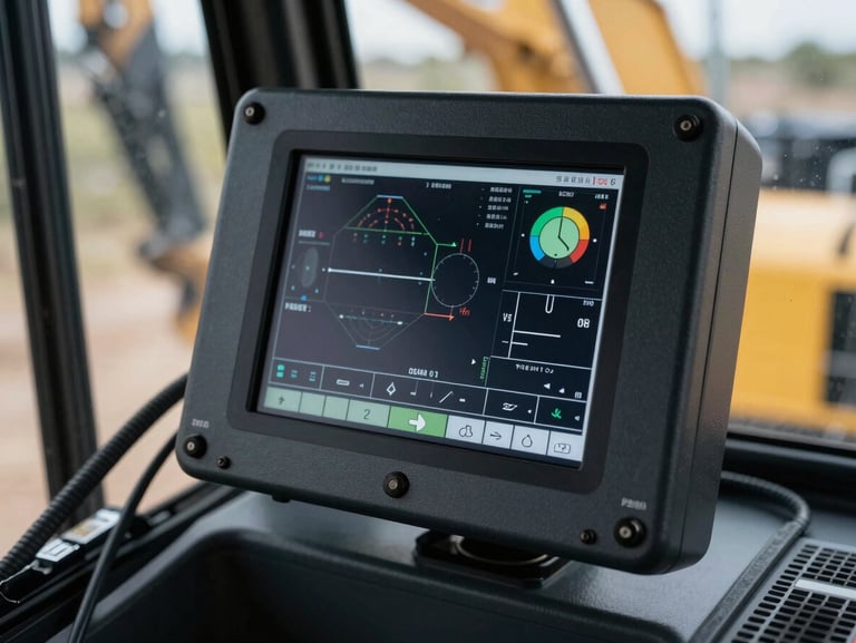 Close-up of a digital telemetry control panel inside a heavy machine cabin, displaying technical diagnostic data, sharp focus.