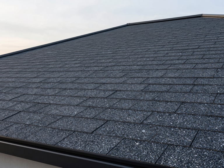 Close-up of perfectly aligned architectural asphalt shingles on a modern roof, early morning light