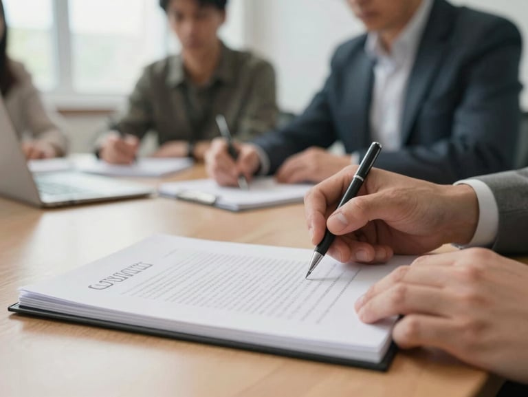 Close-up of hands over a contract or open ledger on a meeting table in Van, natural office daylight, other participants blurred in background, documentary-style framing showing real working context