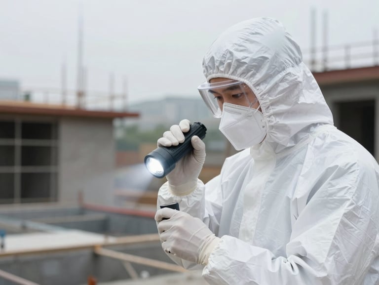 A technician in crisp white PPE inspecting a building foundation with a high-intensity flashlight, bright sterile daylight, focus on technical precision.