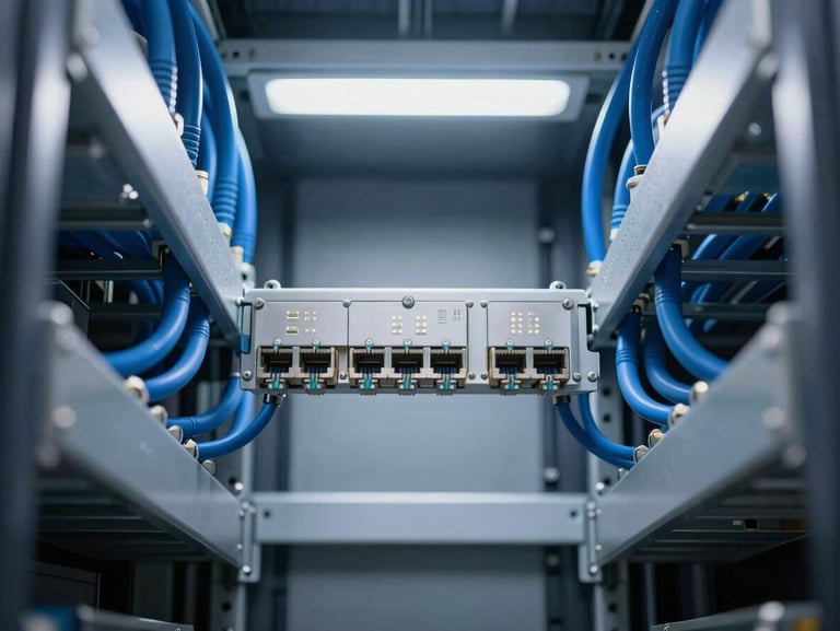 Symmetrical overhead view of clean metal cable trays carrying structured blue network cables, cool industrial lighting, sharp detail