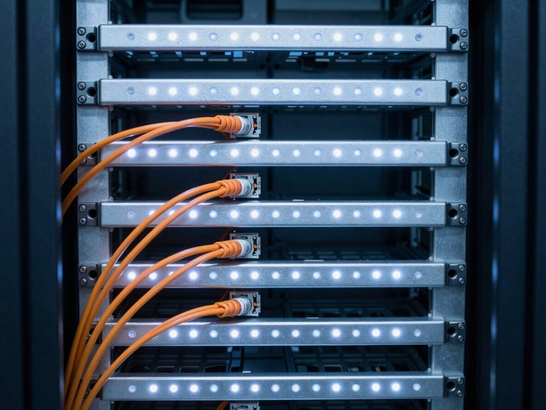 Straight-on perpendicular shot of a perfectly dressed server cabinet, orange fiber cables neatly routed, cool white LED lighting, macro detail